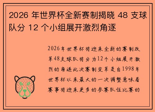 2026 年世界杯全新赛制揭晓 48 支球队分 12 个小组展开激烈角逐